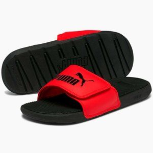 PUMA Men's Cool Cat V Unisex Slides. Puma Black-Hi.Risk Red-P Black.Size 10~11